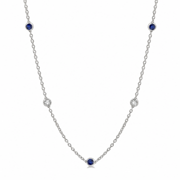 14K White Gold Alternating Bezel-Set Sapphire and Diamond Station Necklace