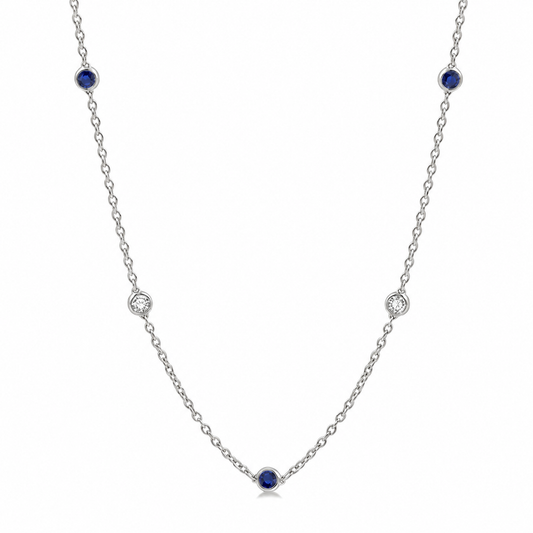 14K White Gold Alternating Bezel-Set Sapphire and Diamond Station Necklace