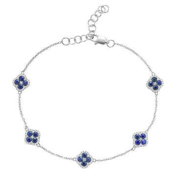 14K White Gold Sapphires and Diamond Clover Station Bracelet