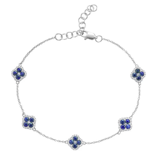 14K White Gold Sapphires and Diamond Clover Station Bracelet