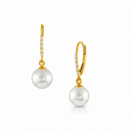 14K Yellow Gold Diamond and 8-8.5mm Akoya Leverback Drop Earrings