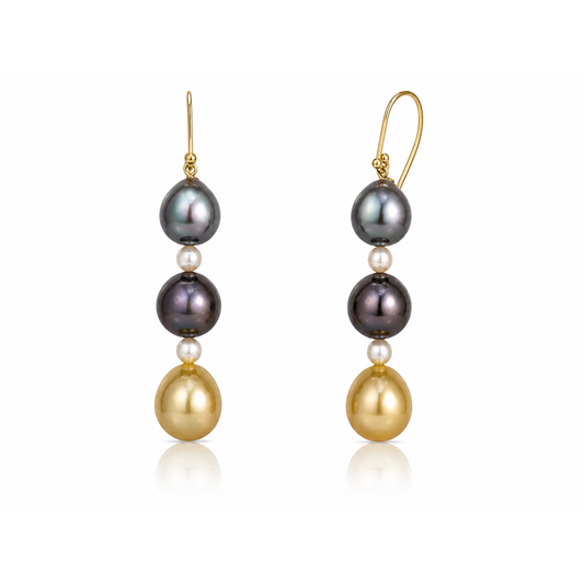 14K Yellow Gold Lever Back Multi-Color Pearl Dangling Earrings