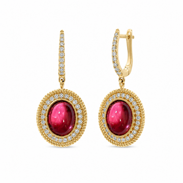 Rudolf Friedmann 14K Yellow Gold Oval Pink Tourmaline and Diamond Halo Dangling Earrings
