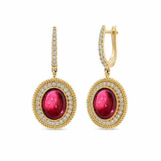 Rudolf Friedmann 14K Yellow Gold Oval Pink Tourmaline and Diamond Halo Dangling Earrings