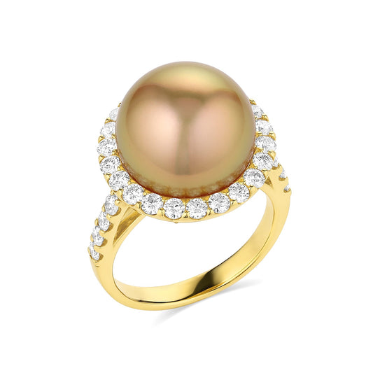 18KYG 13mm Golden South Sea Pearl and Diamond Halo Ring