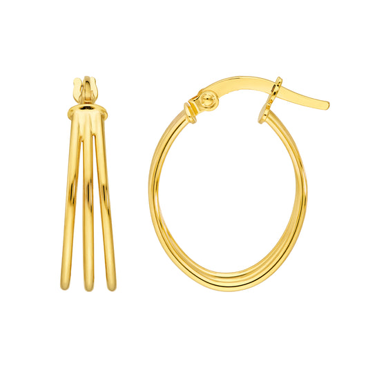 14K Yellow Gold 13x15mm Triple D-Tube Oval Hoop Earrings