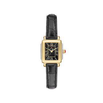 Michele Two-Tone Deco Madison Mini with Black Mother-of-Pearl 24mm Dial and Black Leather Strap Watch