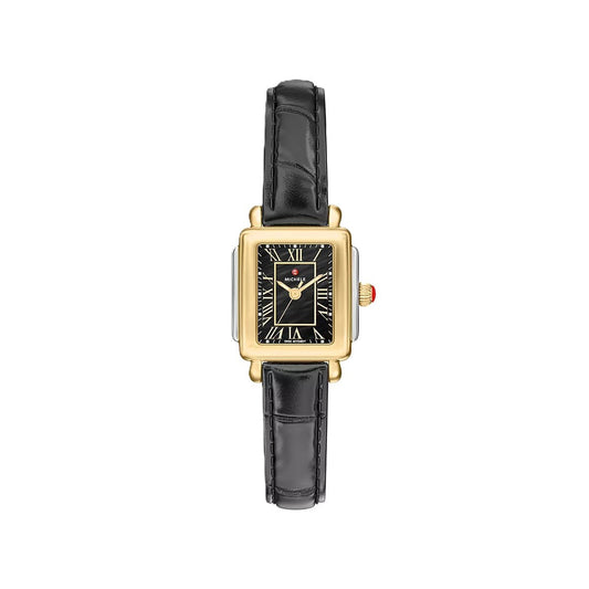 Michele Two-Tone Deco Madison Mini with Black Mother-of-Pearl 24mm Dial and Black Leather Strap Watch