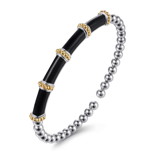 Gabriel & Co 14K Yellow Gold and Sterling Silver Bujukan and Bar Split Bangle with Black Enamel