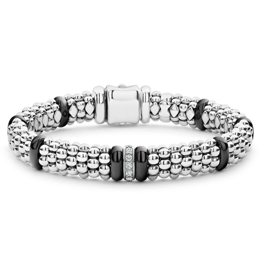 Lagos Sterling Silver Caviar Black Ceramic Diamond Bracelet