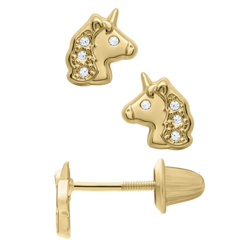 Children's Jewelry 14K Yellow Gold Unicorn Earrings with CZ