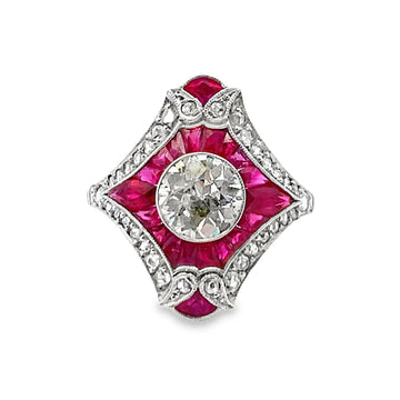 Estate Platinum Diamond and Ruby Ring