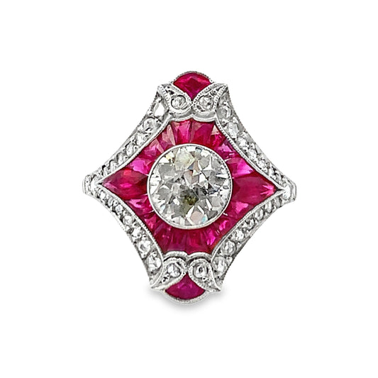 Estate Platinum Diamond and Ruby Ring