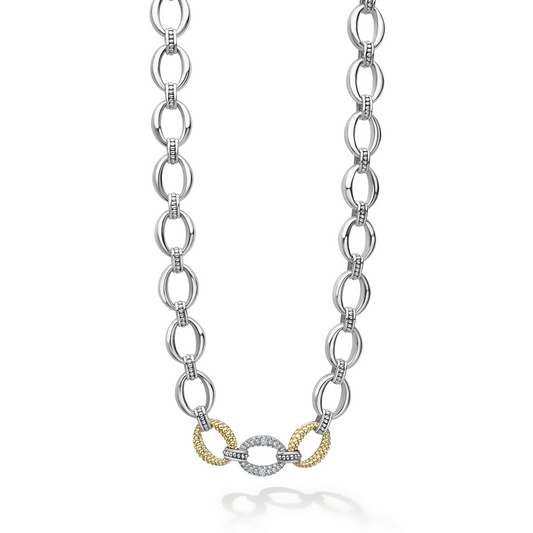 Lagos Sterling Silver & 18K Caviar Lux Single Diamond Link Necklace
