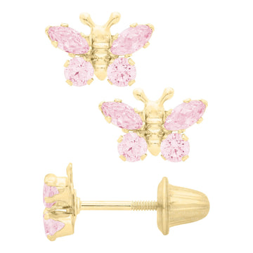 Children's Jewelry 14K Yellow Gold Pink Butterfly Earrings