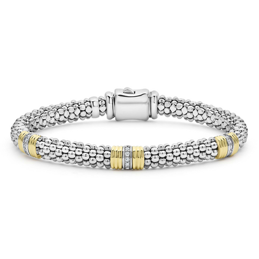 Lagos Sterling Silver & 18K Diamond Station Caviar Bracelet