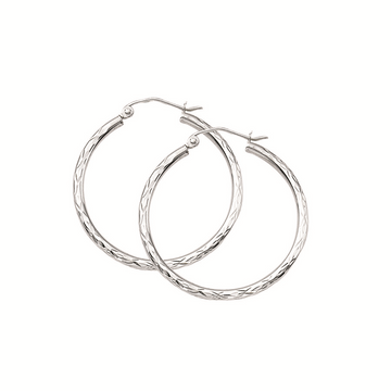 14K White Gold Diamond-Cut Hoops