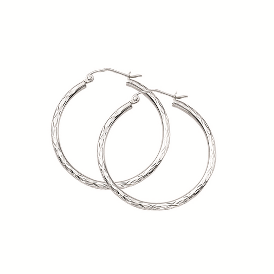 14K White Gold Diamond-Cut Hoops