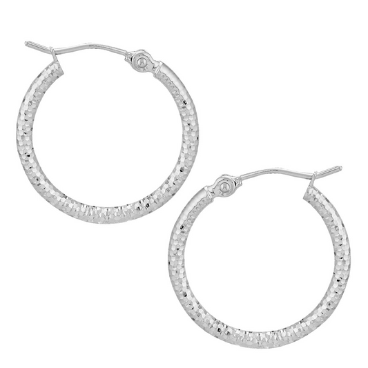 14K White Gold Diamond-Cut Hoops
