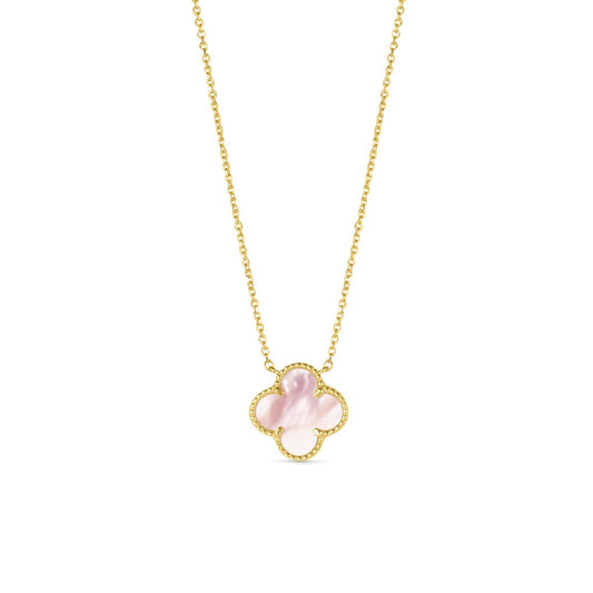 14K Yellow Gold Pink Mother Of Pearl Clover Necklace