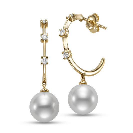 Mastoloni 18K Yellow Gold Drop Pearl and Diamond Hoops