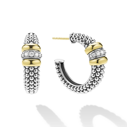 Lagos Sterling Silver & 18K Signature Caviar Beaded Diamond 23mm Hoops