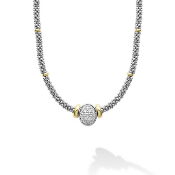 Lagos Sterling Silver & 18K Signature Oval Caviar Diamond Necklace