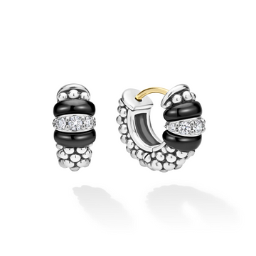 Lagos Sterling Silver Black Caviar Ceramic & Diamond Huggies