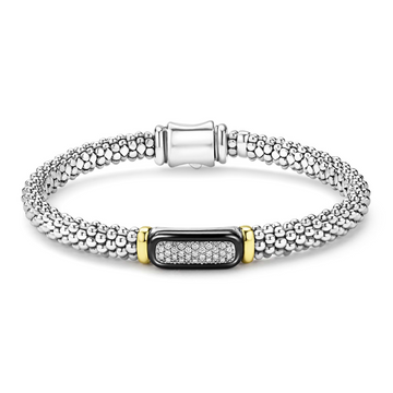 Lagos Sterling Silver & 18K Black Caviar Ceramic Diamond Bar Bracelet