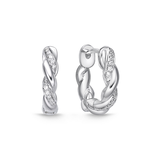 Memoire 18K White Gold Vine Twisted Pave Small Huggies