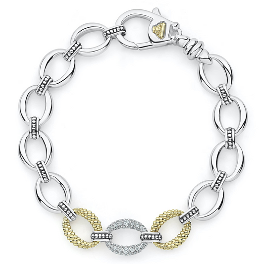 Lagos Sterling Silver and18K Yellow Gold Single Station Caviar Lux Diamond Link Bracele