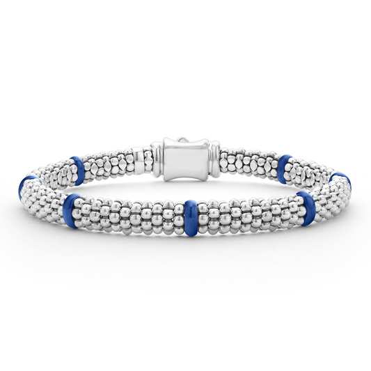 Lagos Sterling Silver Ultramarine Ceramic Station 6mm Caviar Rope Bracelet