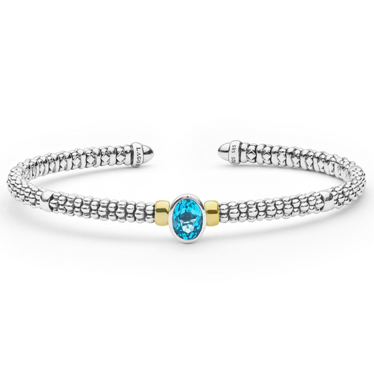 Lagos Two-Tone Swiss Blue Topaz Oval Mini Versa Torque 3mm Bracelet