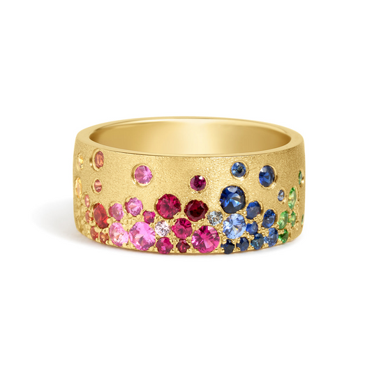 Dilamani 14K Yellow Gold Rainbow Sapphire Confetti Signature Cigar Band Ring