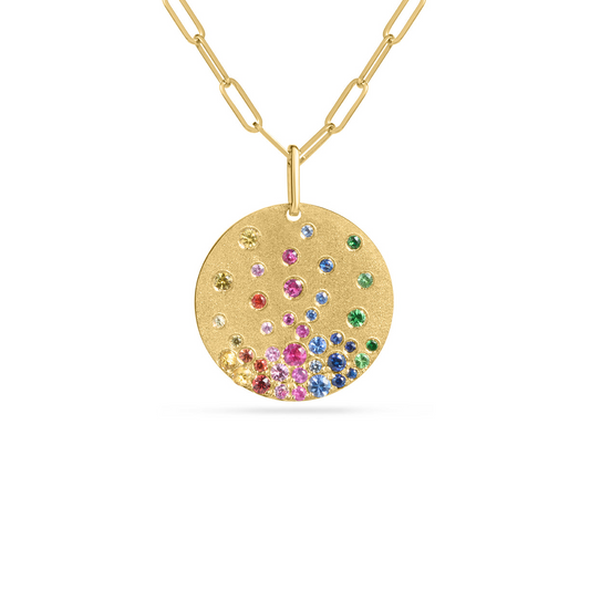 Dilamani 14K Yellow Gold Rainbow Sapphire Confetti Disc Paper Clip Necklace