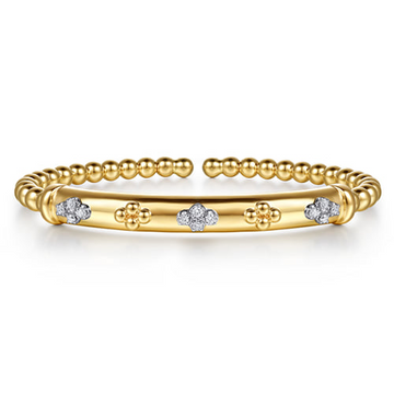 Gabriel & Co.14K White & Yellow Gold Bujukan Beaded and Diamond Clover Cuff Bangle Bracelet