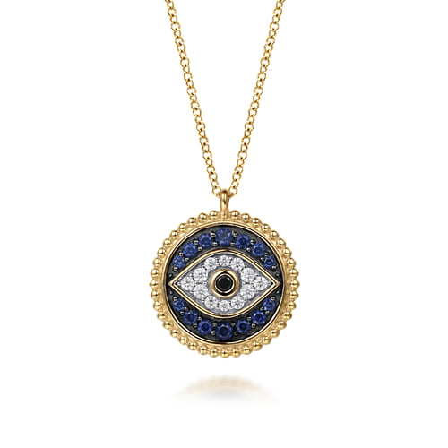 Gabriel & Co.14K Yellow Gold Bujukan Diamond Blue Sapphire and Black Spinel Evil Eye Pendant Necklace