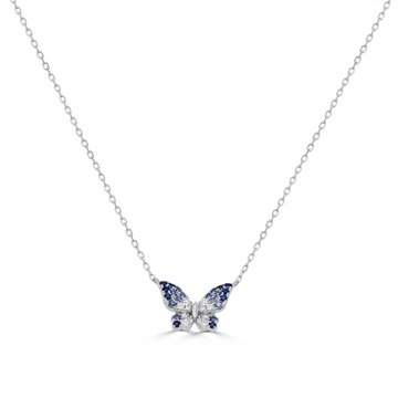 14K White Gold Blue Sapphires Butterfly Pendant with Necklace