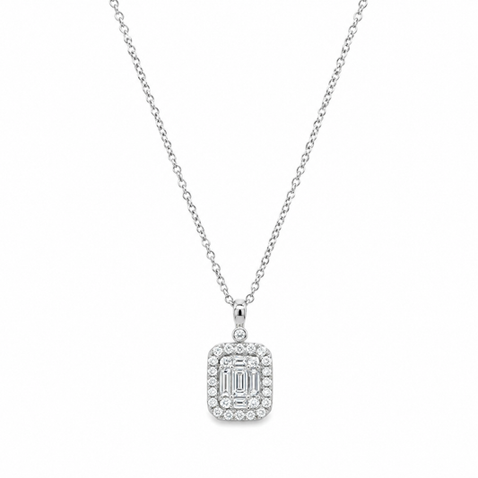 18K White Gold Diamond Rectangular Cluster Pendant and Chain