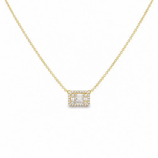 18K Yellow Gold Rectangular Diamond Pendant and Chain