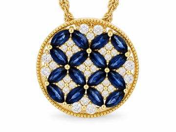Allison Kaufman 14K Yellow Gold Sapphire and Diamond Patterned Circular Pendant with Chain