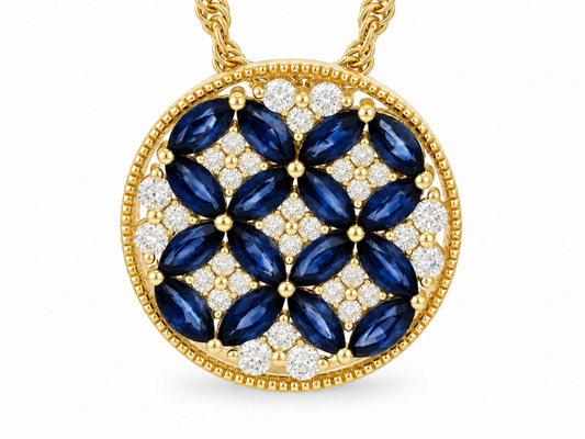 Allison Kaufman 14K Yellow Gold Sapphire and Diamond Patterned Circular Pendant with Chain