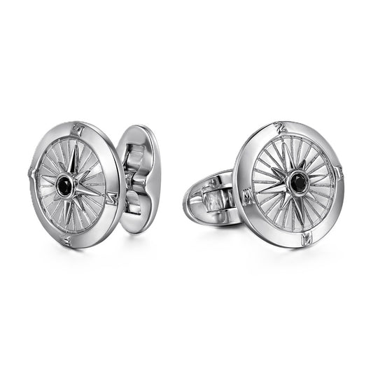Gabriel & Co. Sterling Silver Round Compass Cufflinks with Black Spinel
