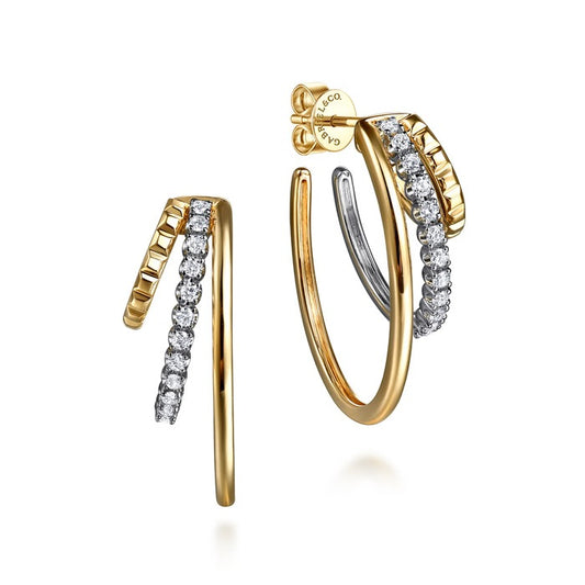 Gabriel & Co 14K two-Tone Diamond Three Row J Hoop Stud Earrings