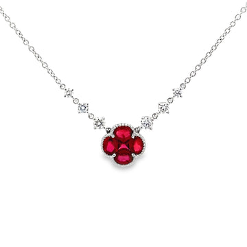 18K White Gold Clover-Shaped Ruby and Diamond Stations Necklace
