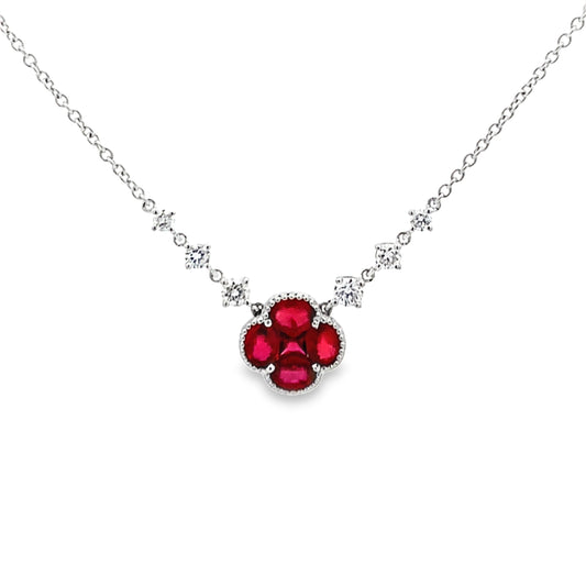 18K White Gold Clover-Shaped Ruby and Diamond Stations Necklace