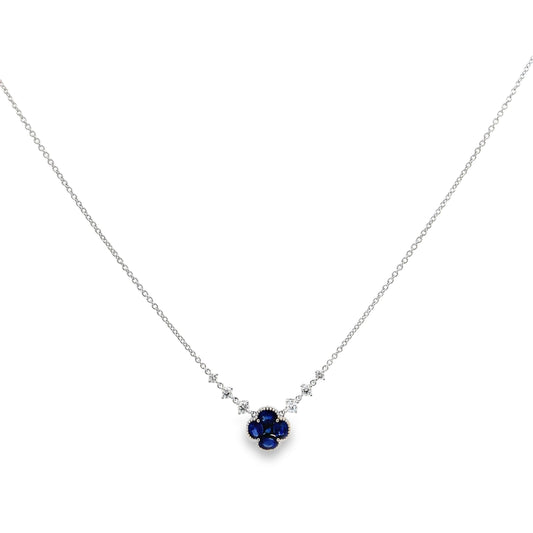 18K White Gold Sapphire and Diamond Clover and Diamond Station Necklace