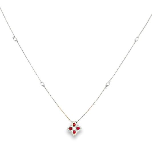 18K White Gold Diamond and Ruby Flower and Bezel-Set Diamond Station Necklace