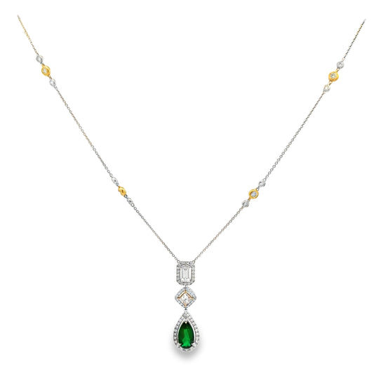 18K White & Yellow Gold Emerald and Diamond Dangling Necklace