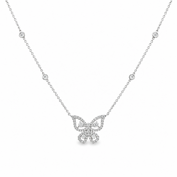 18K White Gold Diamond Butterfly Pendant with 4 Bezel-Set Diamond Accents and Chain